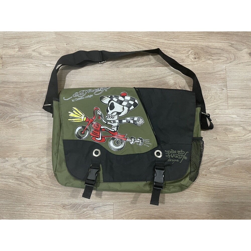 Ed Hardy Messenger Laptop Bag Christian Audigier Skull Rider *L Buckle Cracked*
